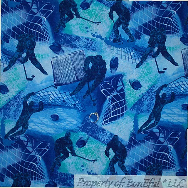 BonEful FABRIC FQ Cotton Quilt Blue Tonal Ice Hockey NHL Sport Mask L Boy School