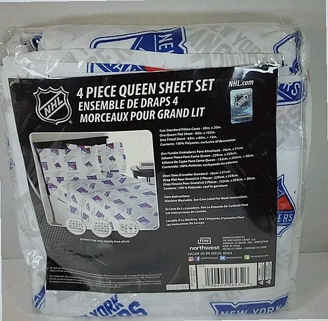 NHL Officially Licensed New York Rangers Hockey 4 Piece Queen Sheet Set